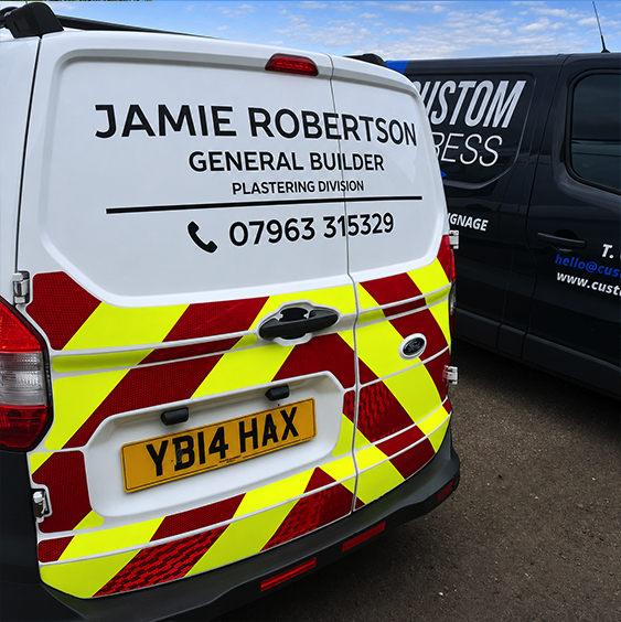 High-visibility vehicle chevrons fitted for Jamie Robertson General Builder in Morpeth by Custom Xpress
