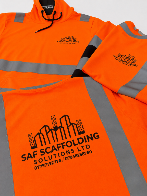 Screen printed hi-vis polo shirts and hoodies for a Morpeth business