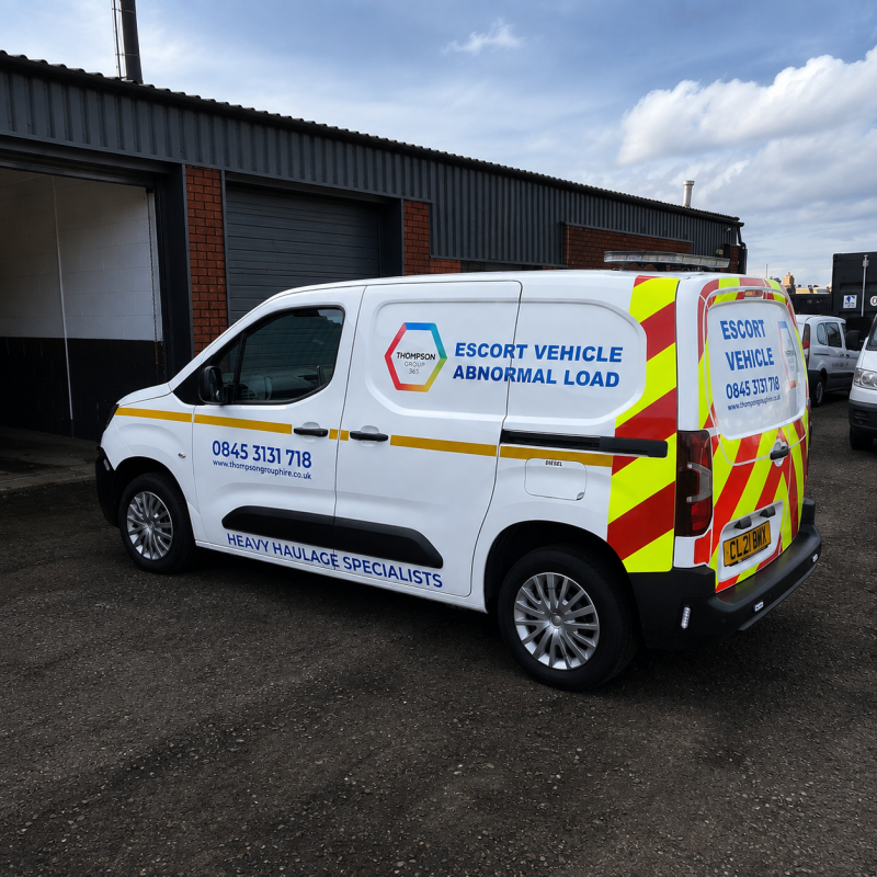 High-visibility chevrons fitted to Thompson Group 365 escort vehicle in Blyth by Custom Xpress