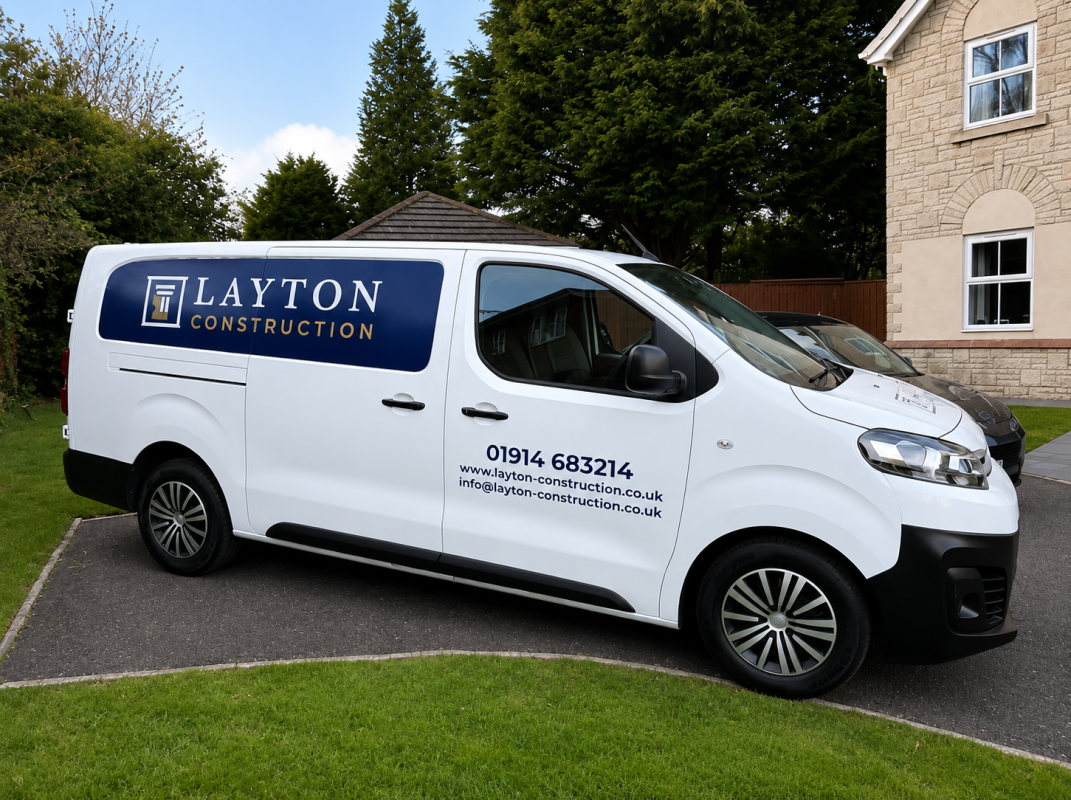 Branded construction van graphics for Layton Construction by Custom Xpress